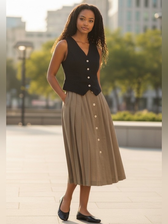 Liz Claiborne Dresses & Skirts - 80s LIZ CLAIBORNE KHAKI FRONT BUTTON CLOSURE LINED PLEATED MIDI SKIRT SZ S
